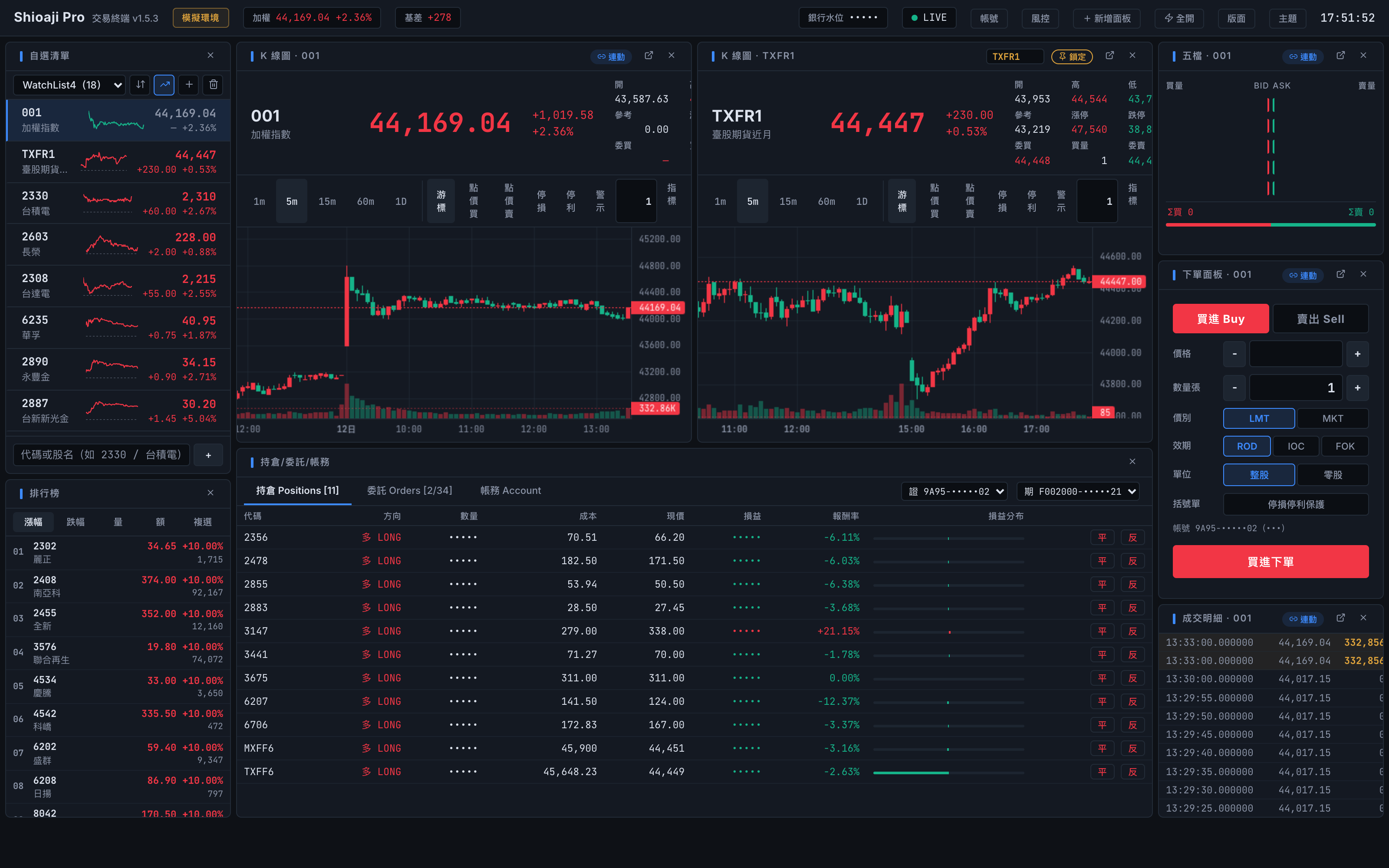 Shioaji Pro 交易終端 — 期貨夜盤實況